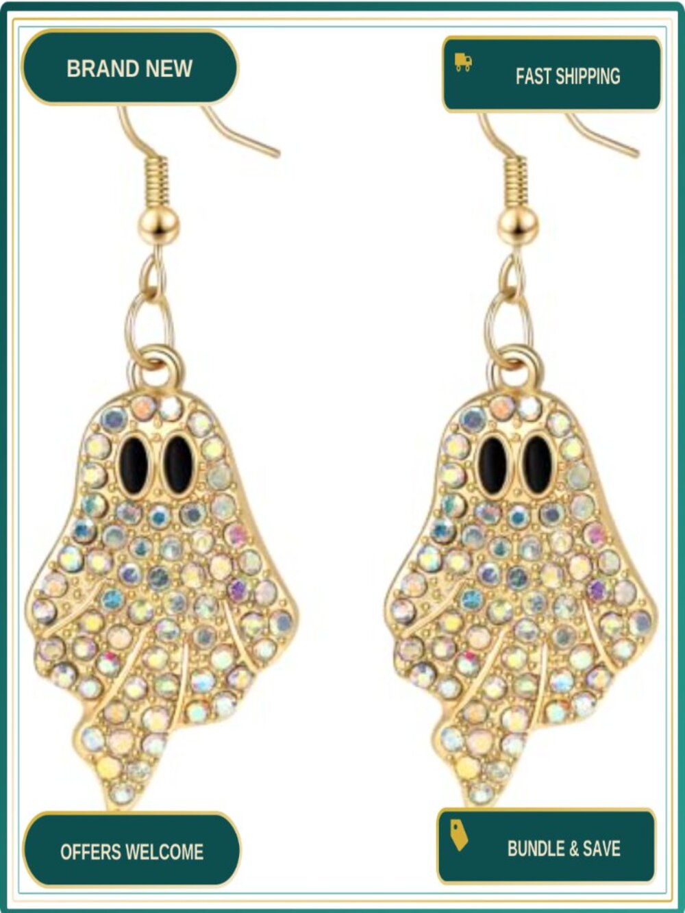 Sparkly Rhinestone Ghost Dangle Earrings Halloween Costume
